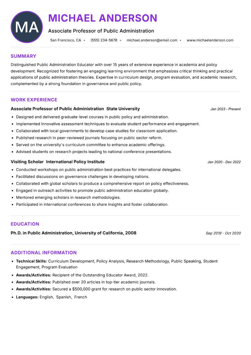 Public Administration Educator resume example — ATS-friendly template