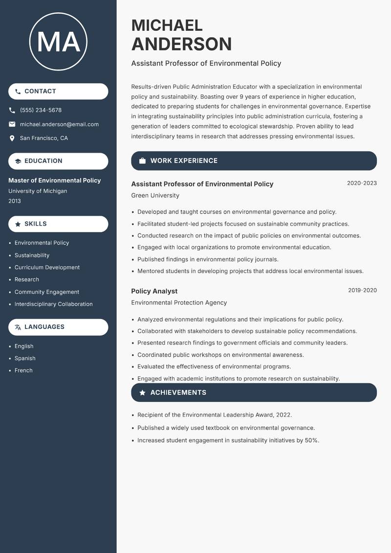 Public Administration Educator resume template — Compact