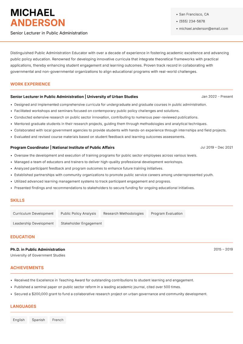 Public Administration Educator resume template — Modern Professional