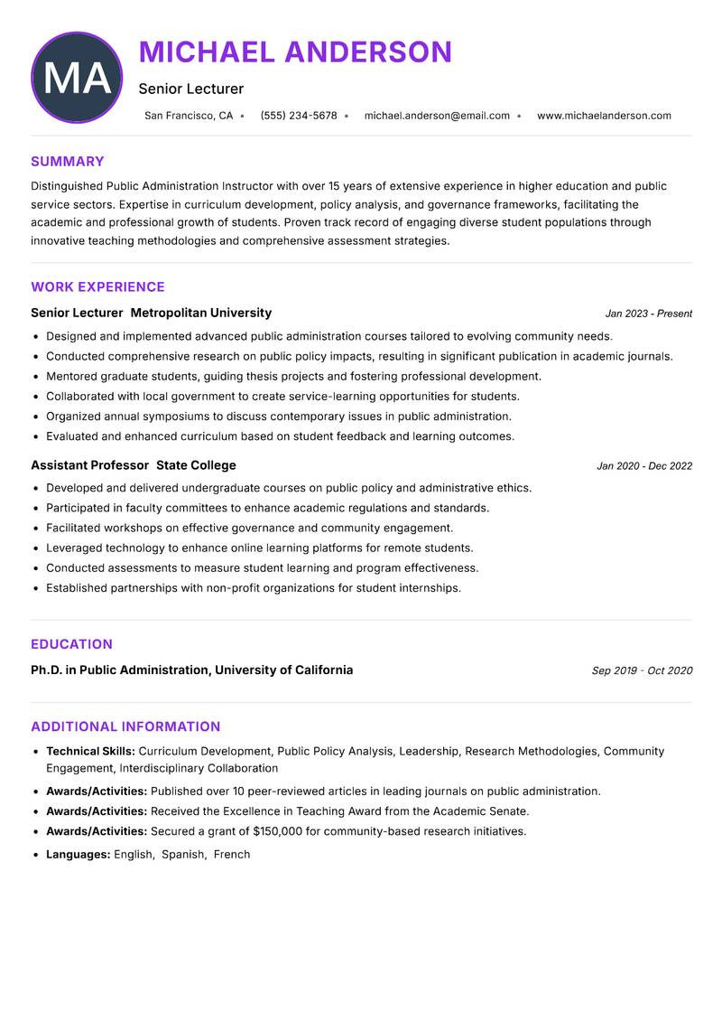Public Administration Instructor resume example — ATS-friendly template