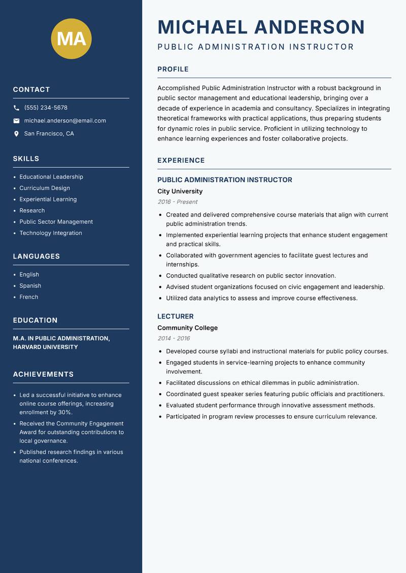 Public Administration Instructor resume template — Classic Clean