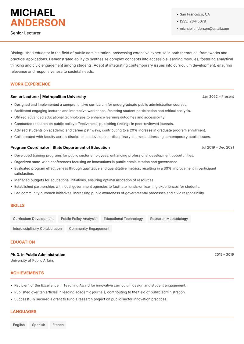 Public Administration Instructor resume template — Modern Professional
