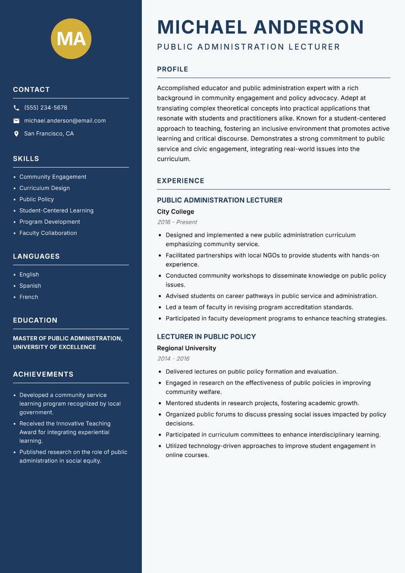 Public Administration Lecturer resume template — Classic Clean