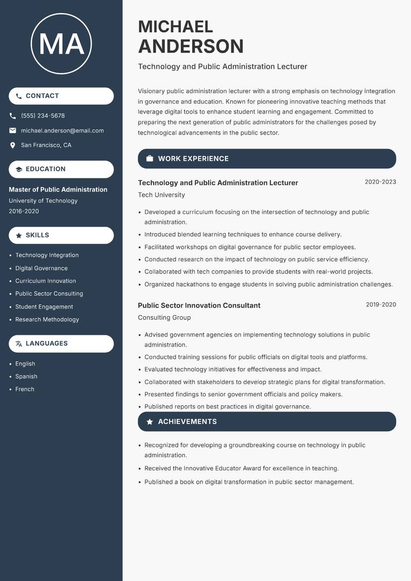 Public Administration Lecturer resume template — Compact