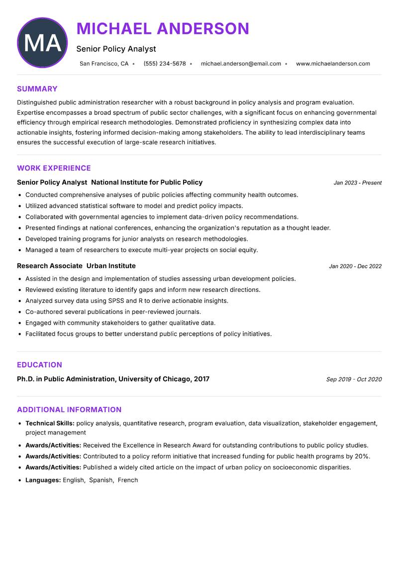 Public Administration Researcher resume example — ATS-friendly template