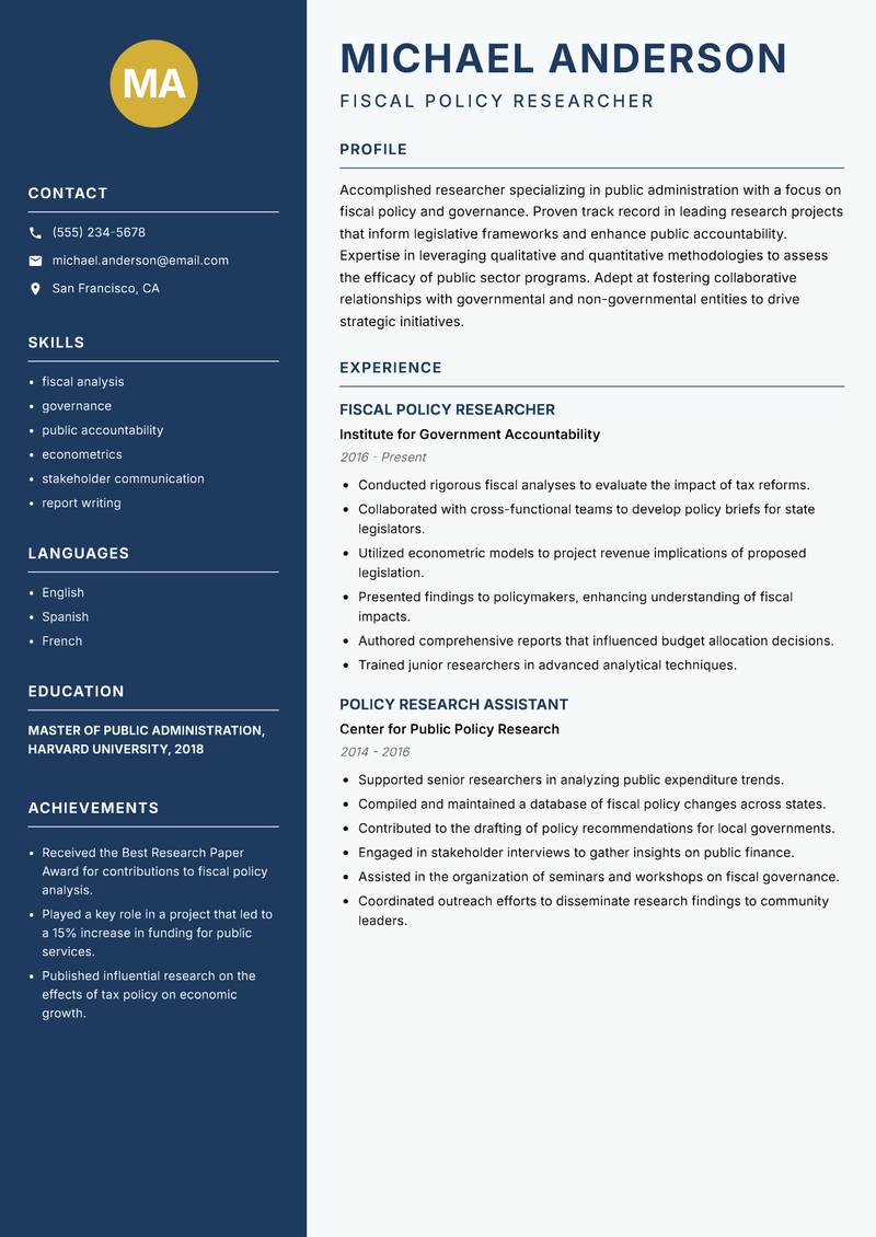Public Administration Researcher resume template — Classic Clean