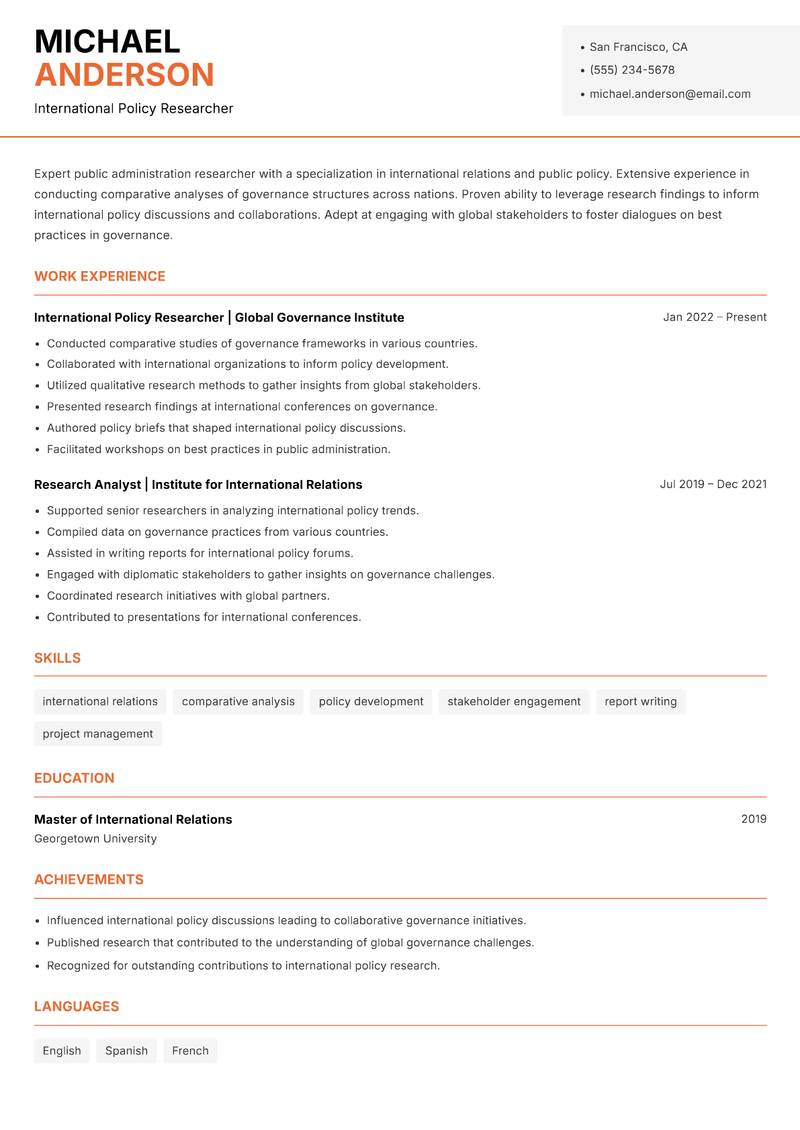 Public Administration Researcher resume template — Modern Professional