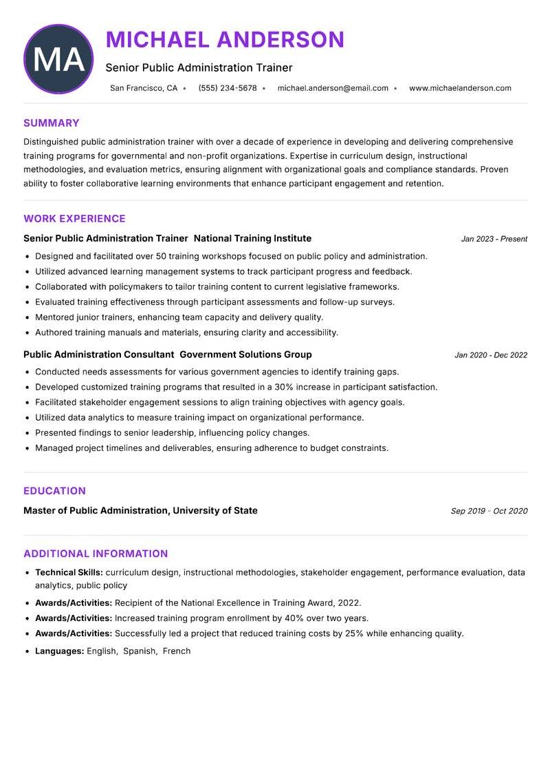 Public Administration Trainer resume example — ATS-friendly template