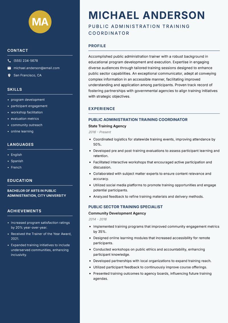 Public Administration Trainer resume template — Classic Clean