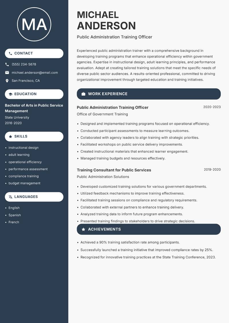Public Administration Trainer resume template — Compact
