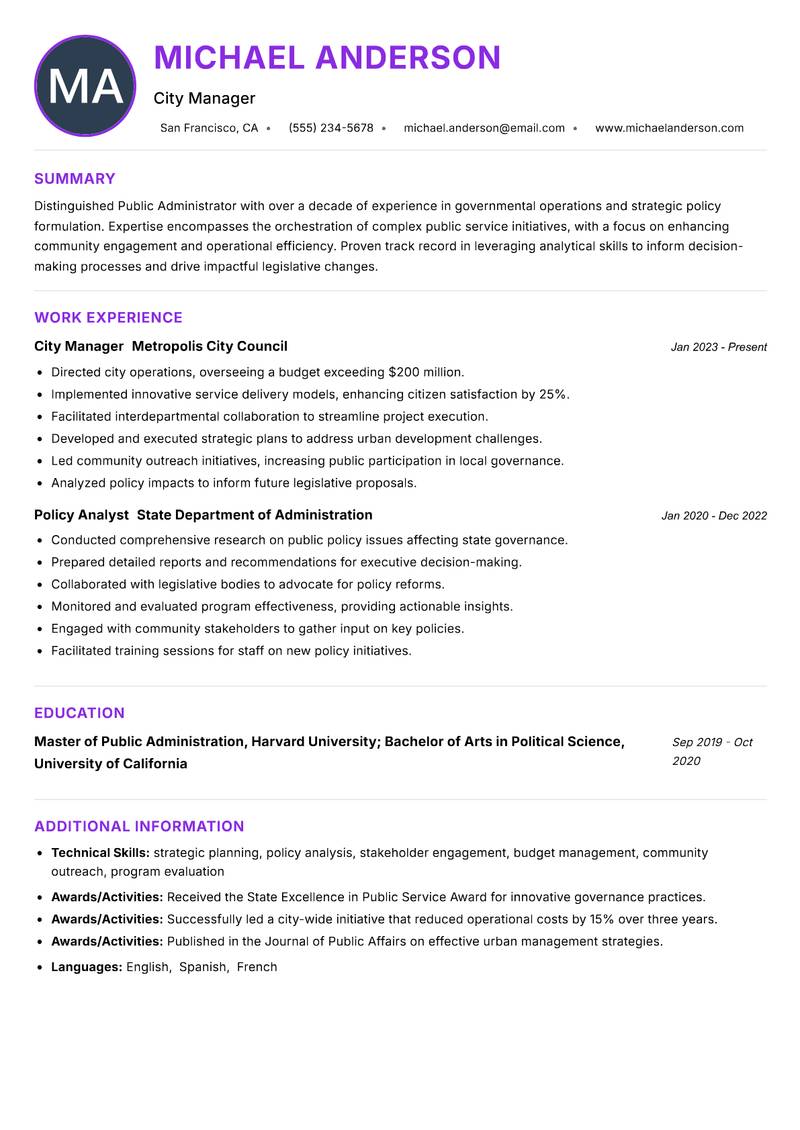 Public Administrator resume example — ATS-friendly template