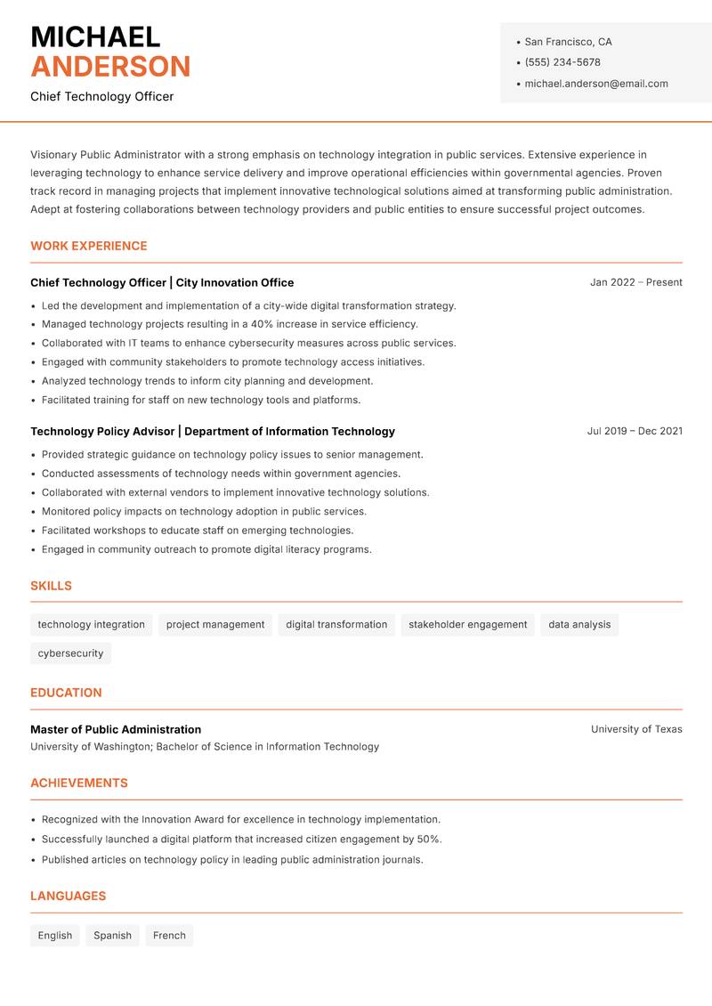 Public Administrator resume template — Modern Professional