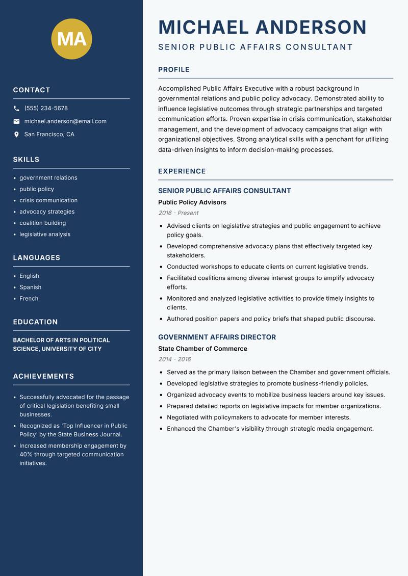 Public Affairs Executive resume template — Classic Clean