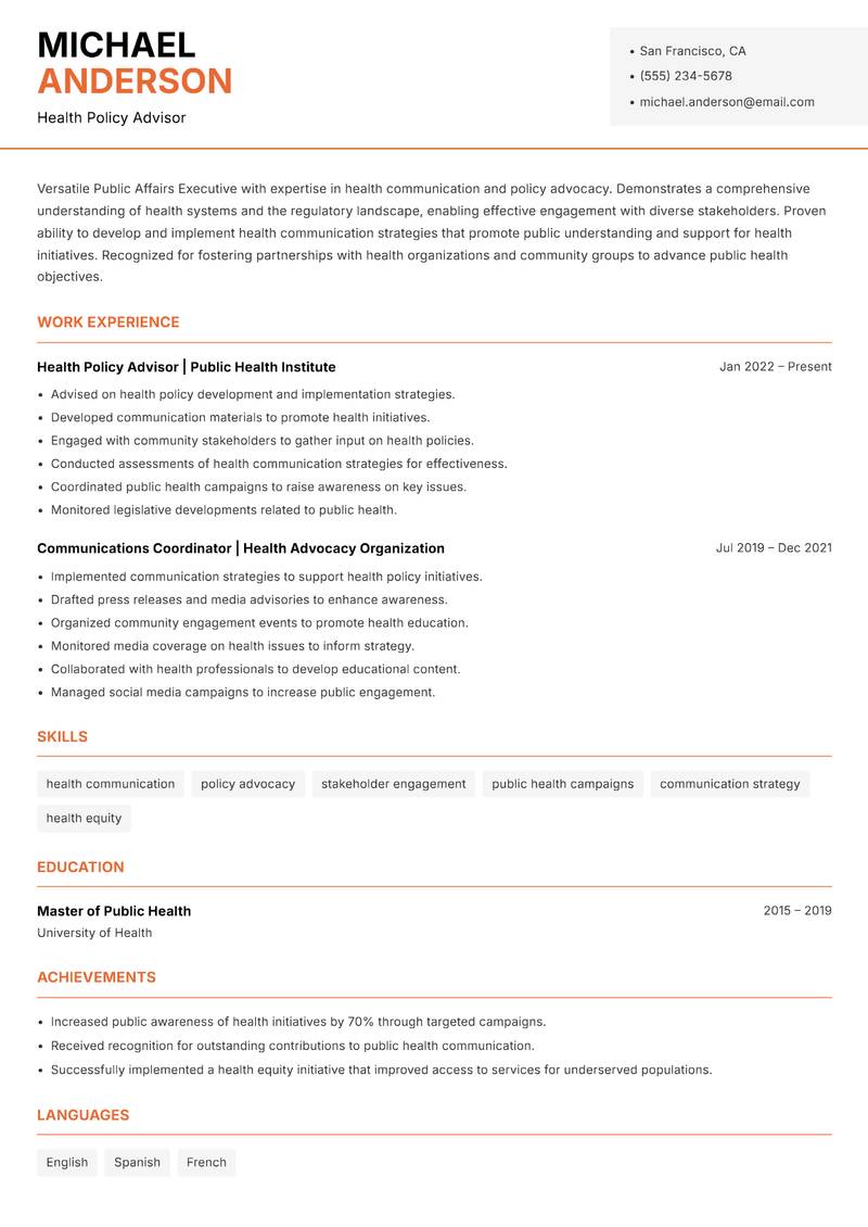 Public Affairs Executive resume template — Modern Professional