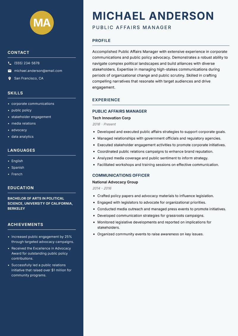 Public Affairs Manager resume template — Classic Clean