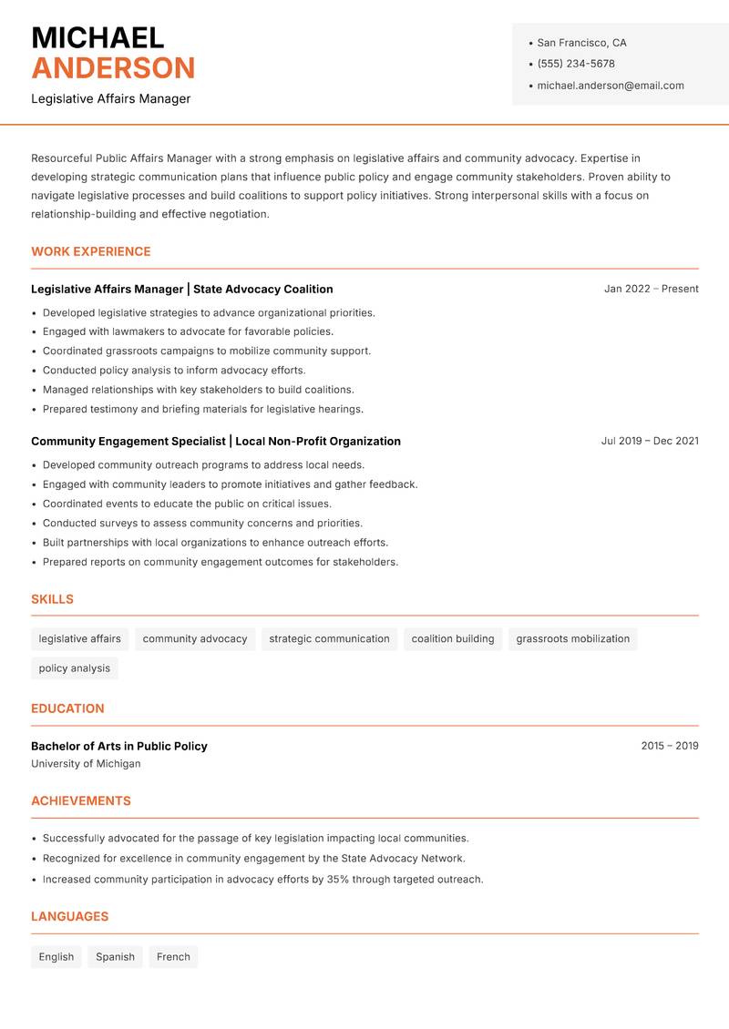 Public Affairs Manager resume template — Modern Professional