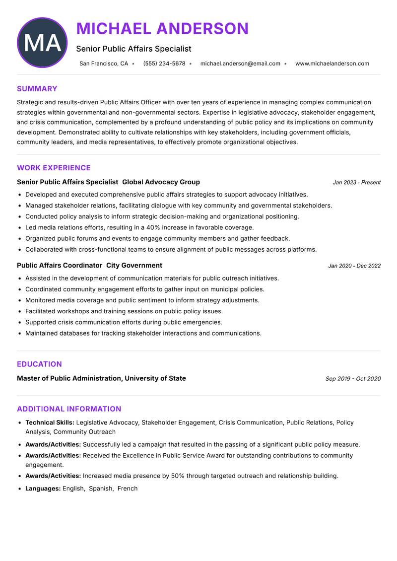 Public Affairs Officer resume example — ATS-friendly template
