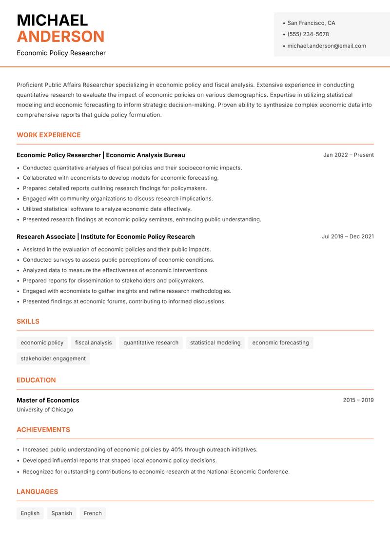 Public Affairs Researcher resume template — Modern Professional