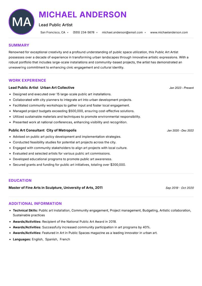 Public Art Artist resume example — ATS-friendly template