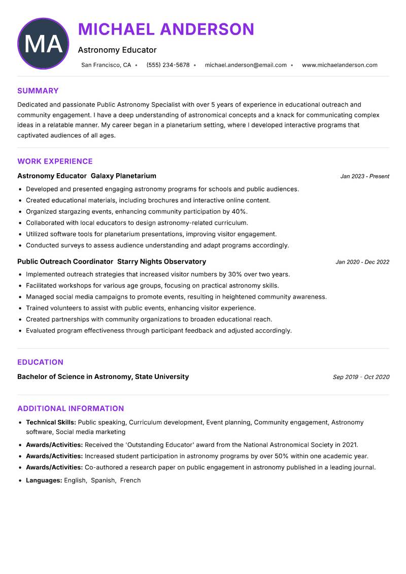Public Astronomy Specialist resume example — ATS-friendly template