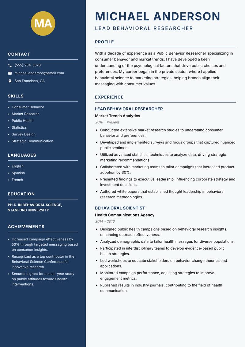 Public Behavior Researcher resume template — Classic Clean