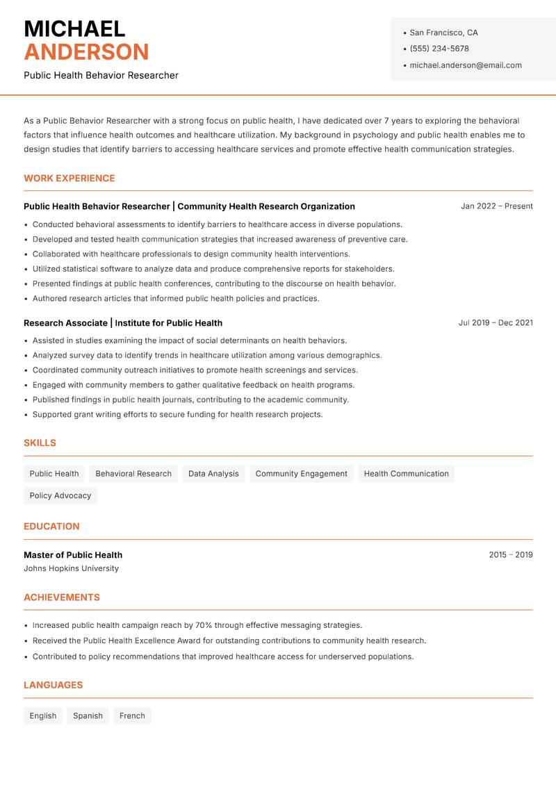 Public Behavior Researcher resume template — Modern Professional