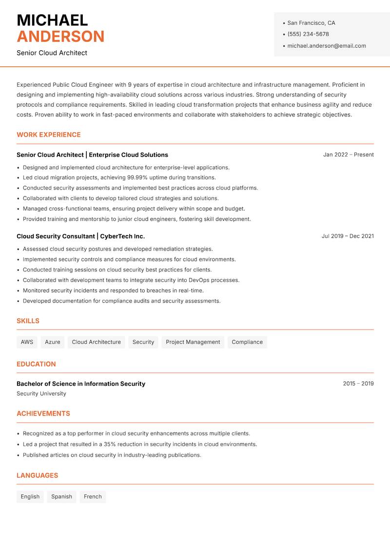 Public Cloud Engineer resume template — Modern Professional