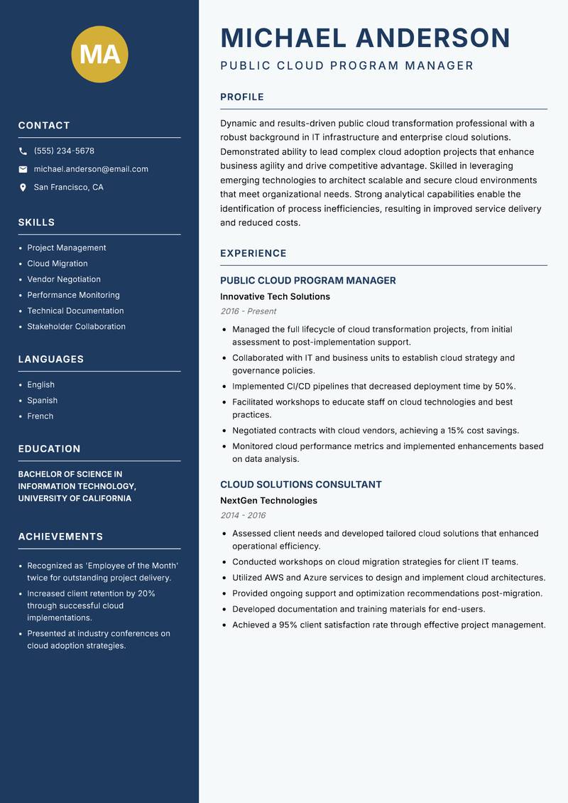 Public Cloud Transformation Lead resume template — Classic Clean