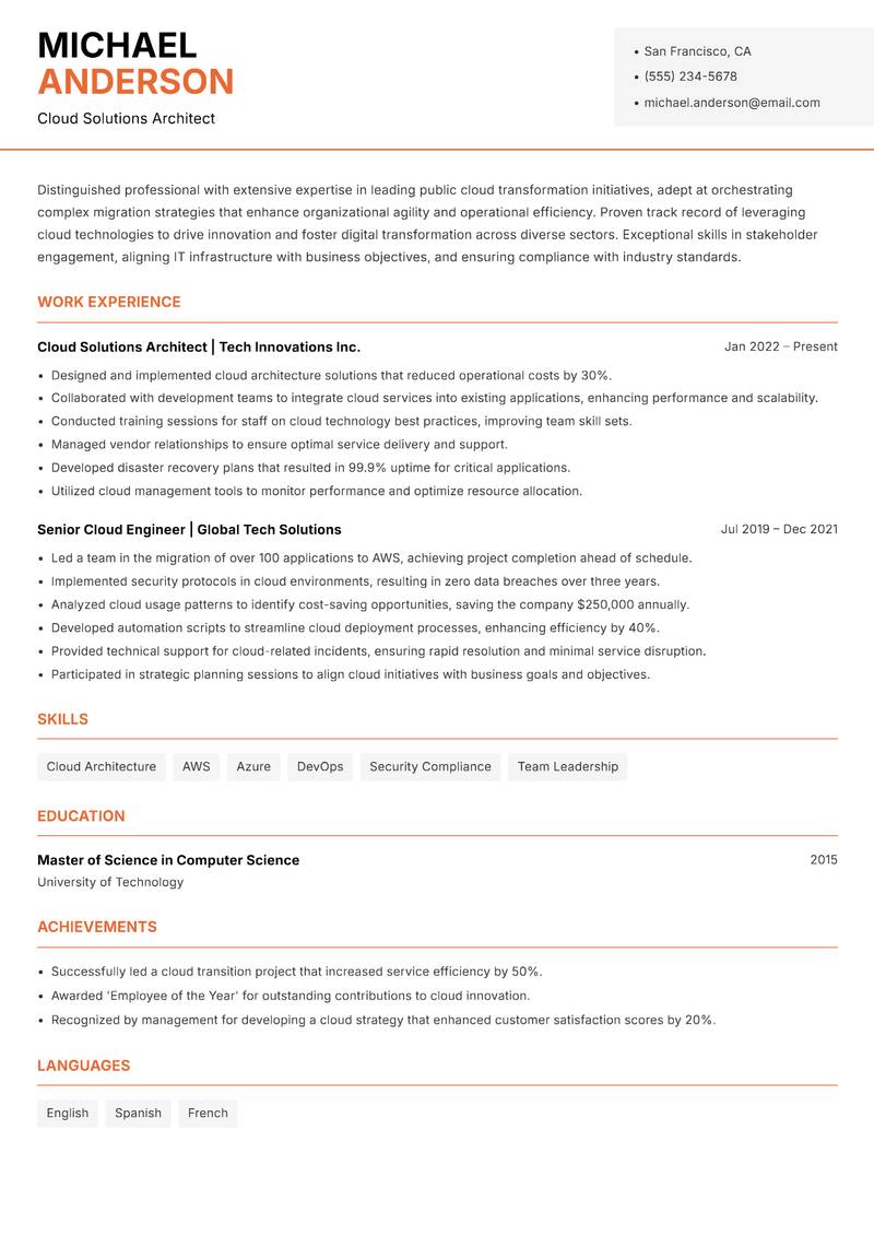 Public Cloud Transformation Lead resume template — Modern Professional