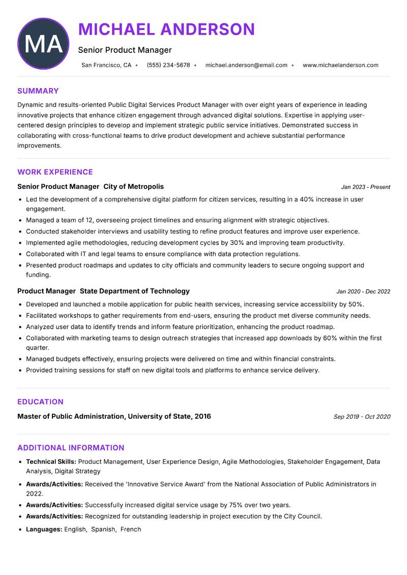Public Digital Services Product Manager resume example — ATS-friendly template