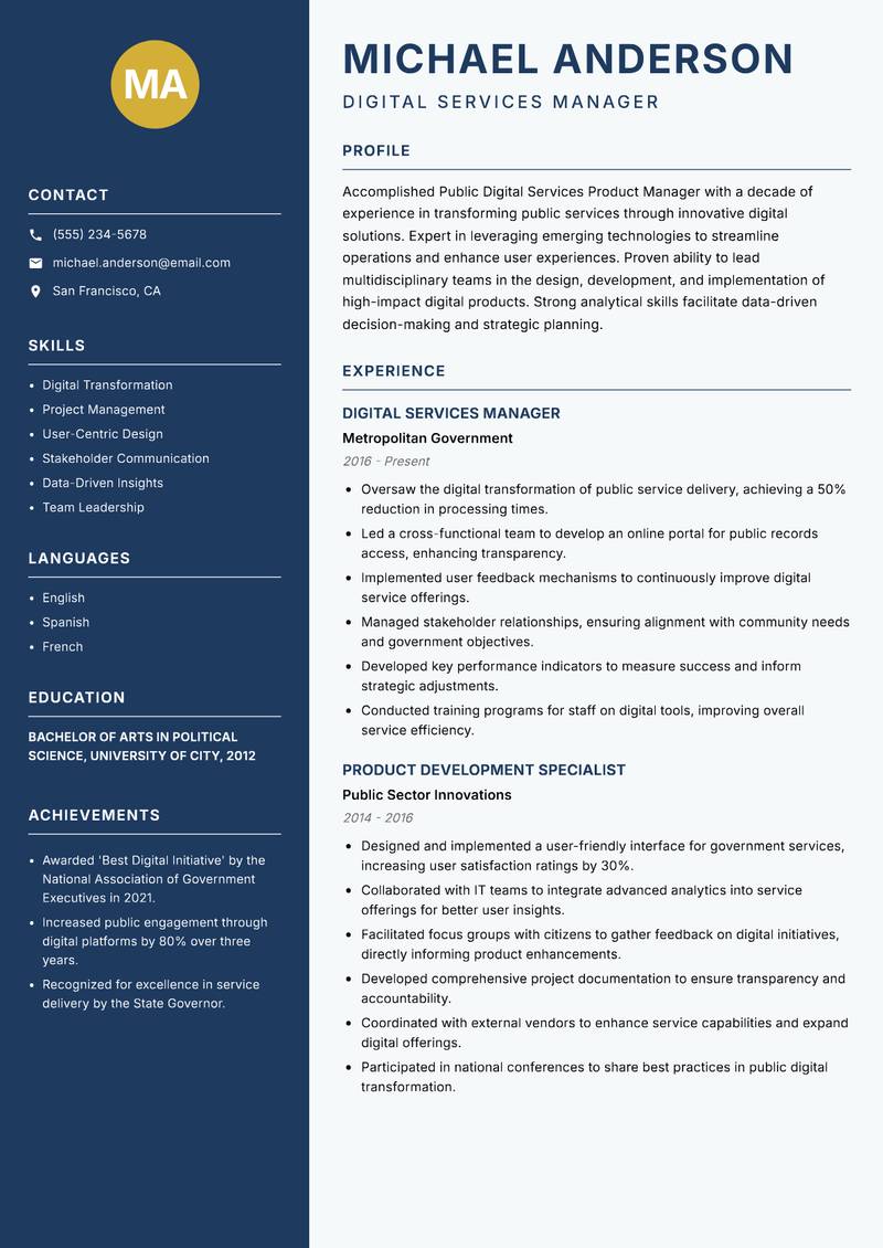 Public Digital Services Product Manager resume template — Classic Clean