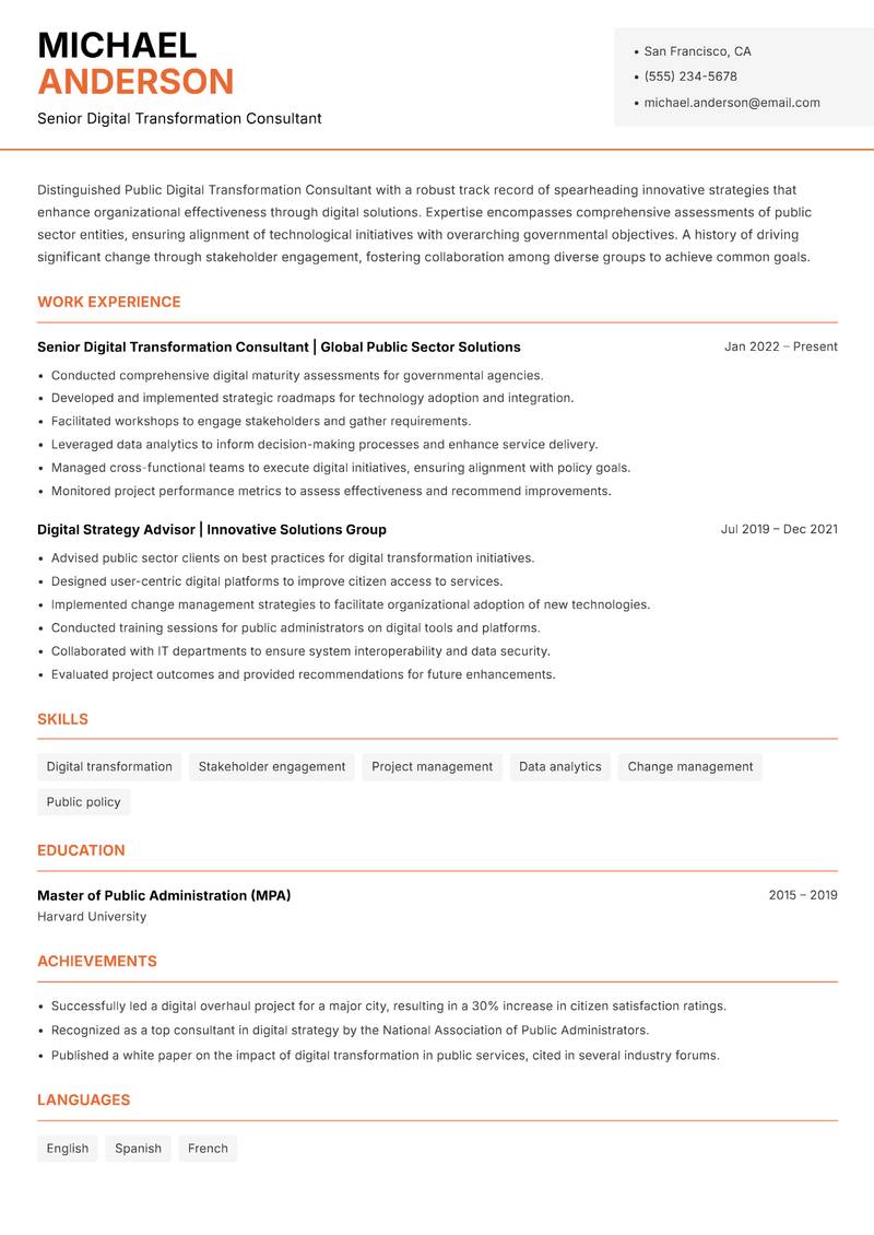 Public Digital Transformation Consultant resume template — Modern Professional