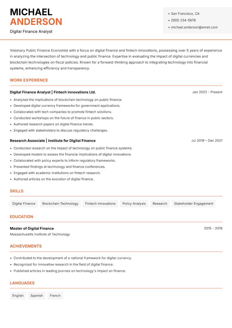 Public Finance Economist resume template — Modern Professional