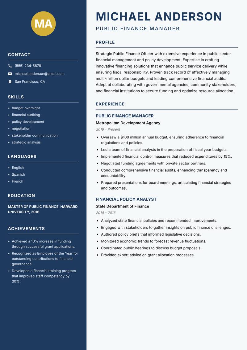 Public Finance Officer resume template — Classic Clean