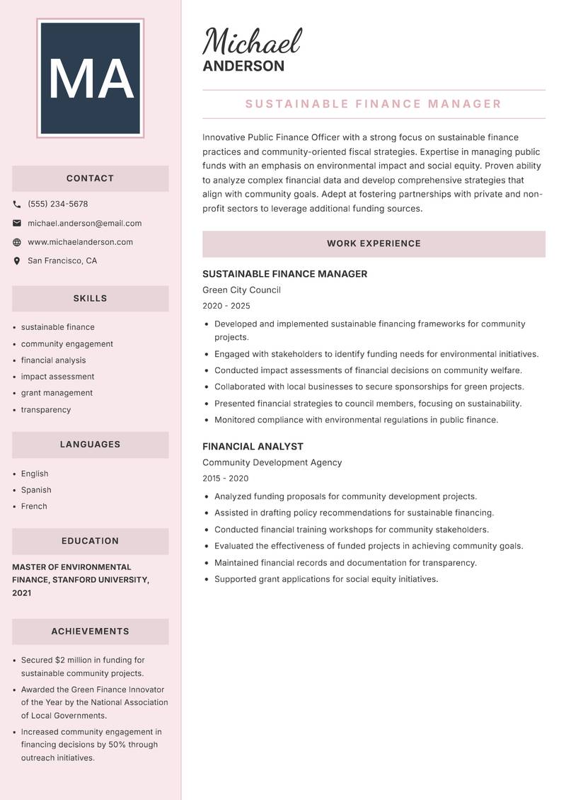Public Finance Officer resume template — Executive