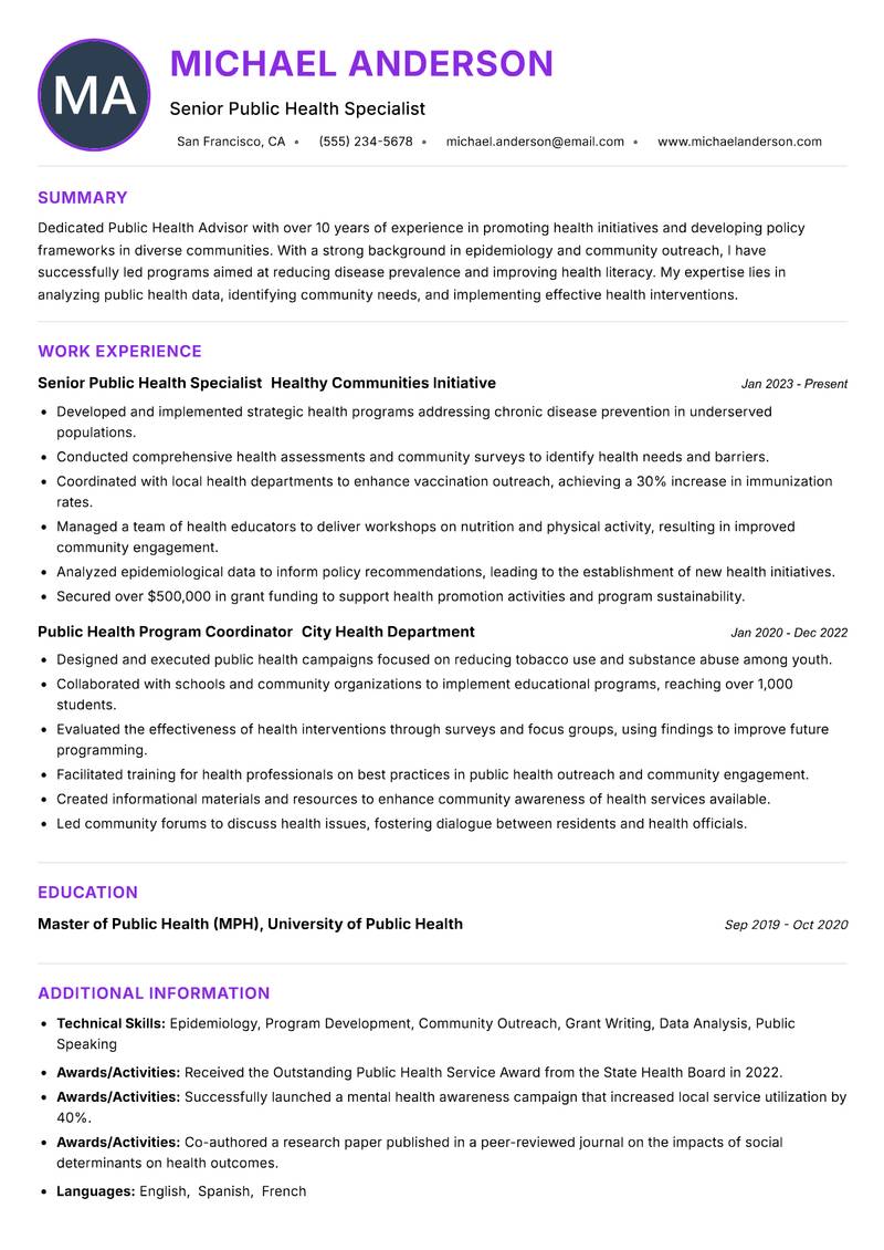 Public Health Advisor resume example — ATS-friendly template