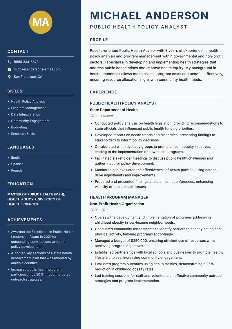 Public Health Advisor resume template — Classic Clean