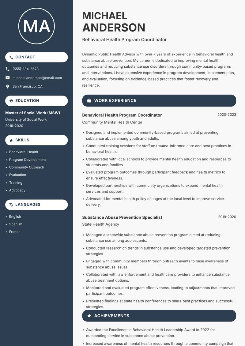 Public Health Advisor resume template — Compact