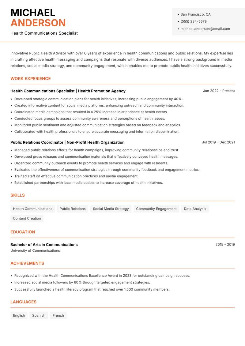 Public Health Advisor resume template — Modern Professional