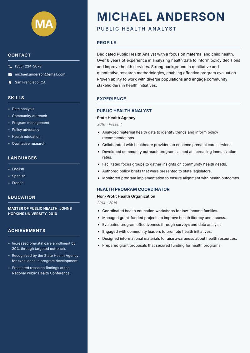 Public Health Analyst resume template — Classic Clean