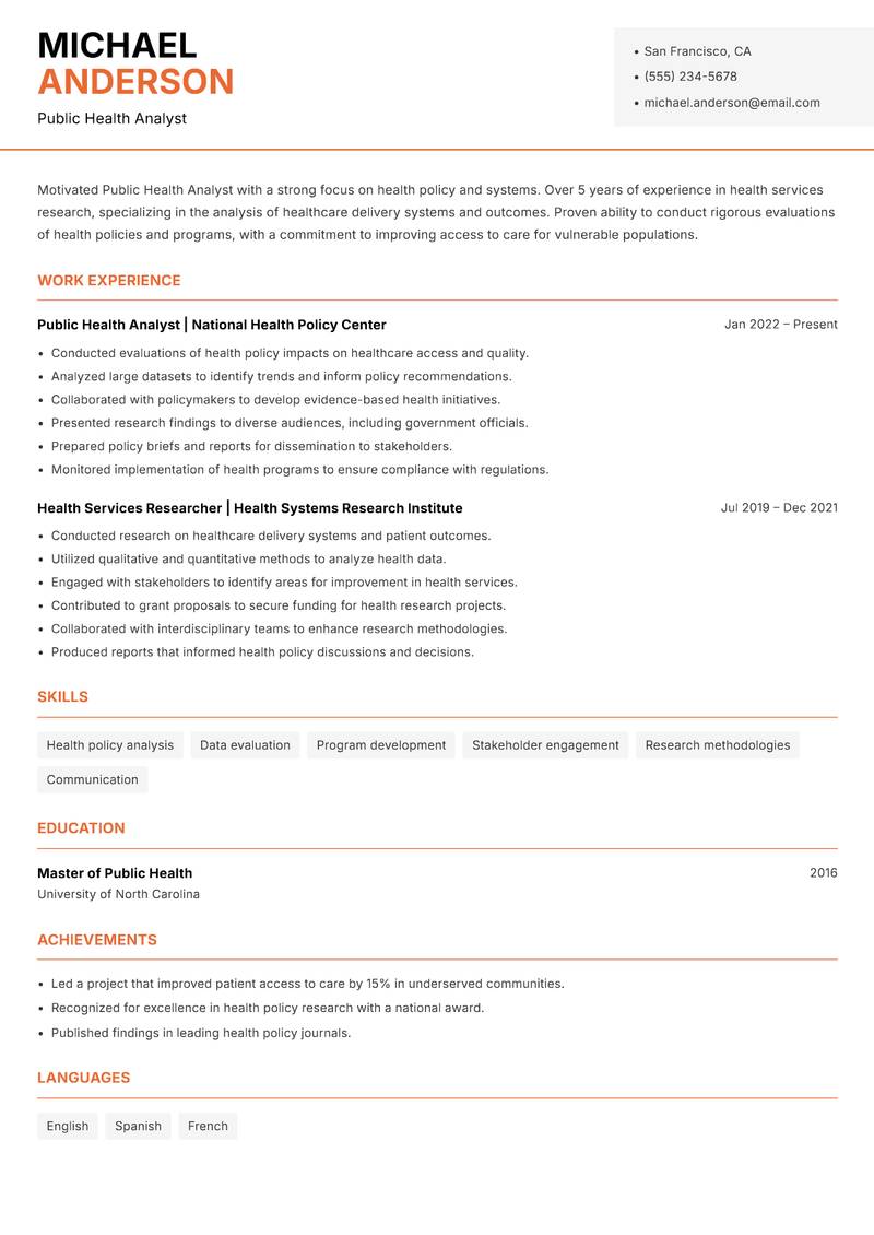 Public Health Analyst resume template — Modern Professional