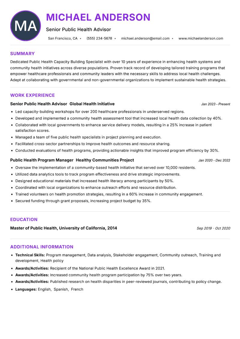 Public Health Capacity Building Specialist resume example — ATS-friendly template