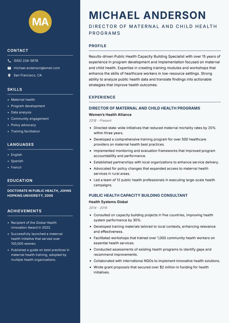 Public Health Capacity Building Specialist resume template — Classic Clean
