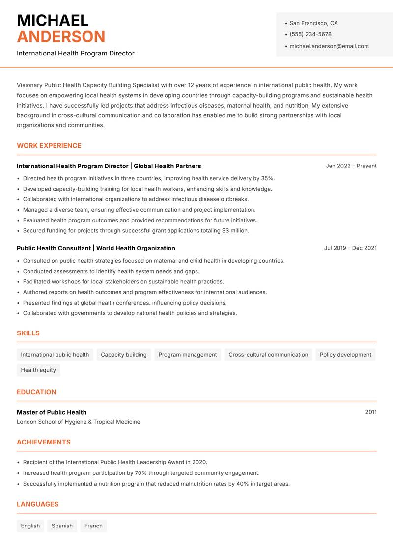 Public Health Capacity Building Specialist resume template — Modern Professional