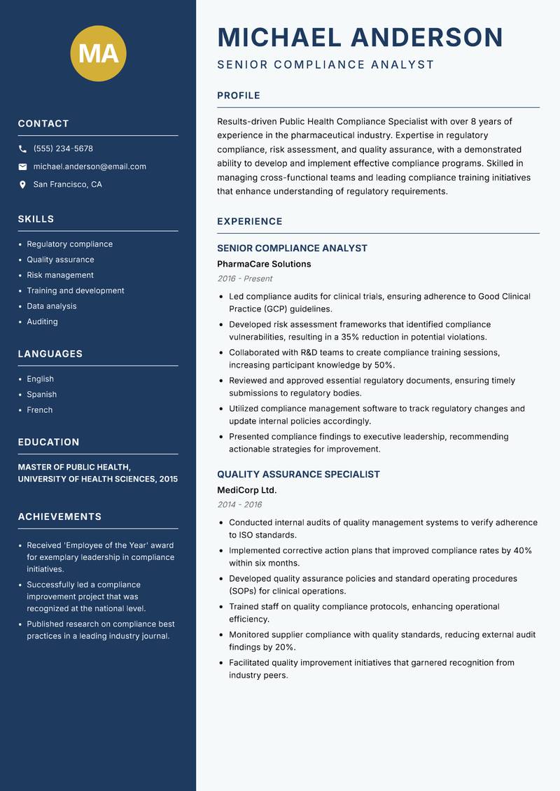 Public Health Compliance Specialist resume template — Classic Clean
