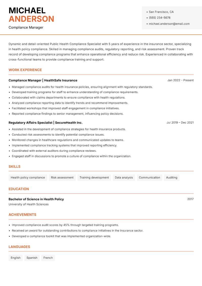 Public Health Compliance Specialist resume template — Modern Professional