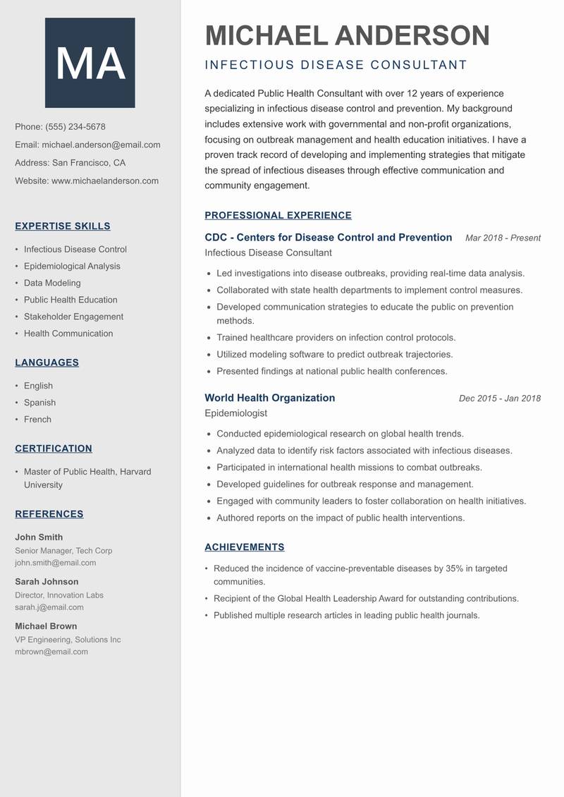 Public Health Consultant resume template — Creative Minimal