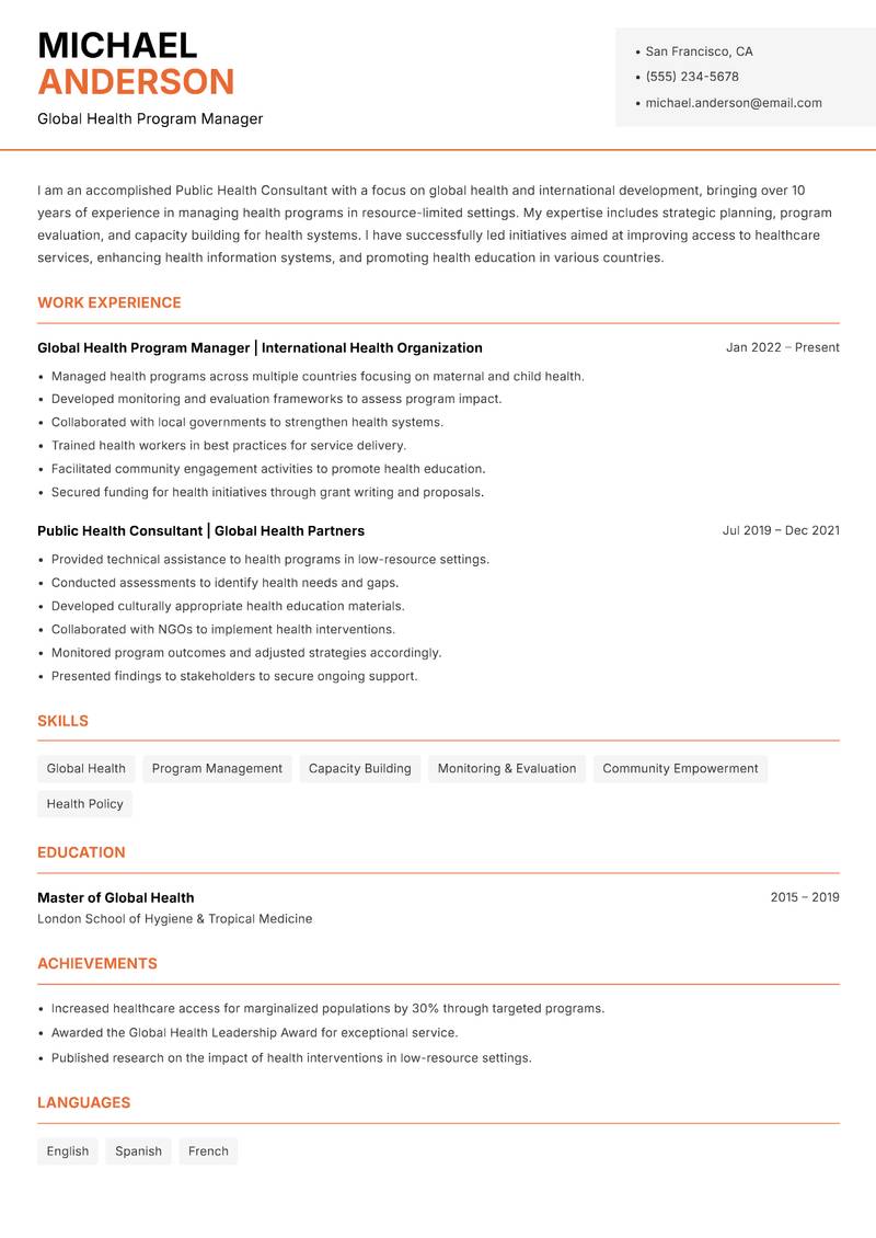 Public Health Consultant resume template — Modern Professional