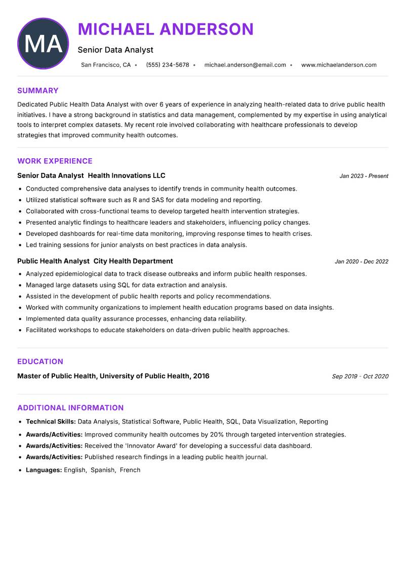 Public Health Data Analyst resume example — ATS-friendly template