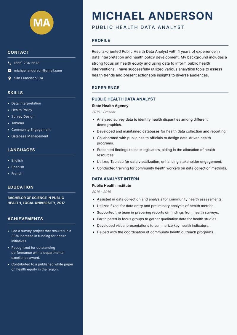Public Health Data Analyst resume template — Classic Clean